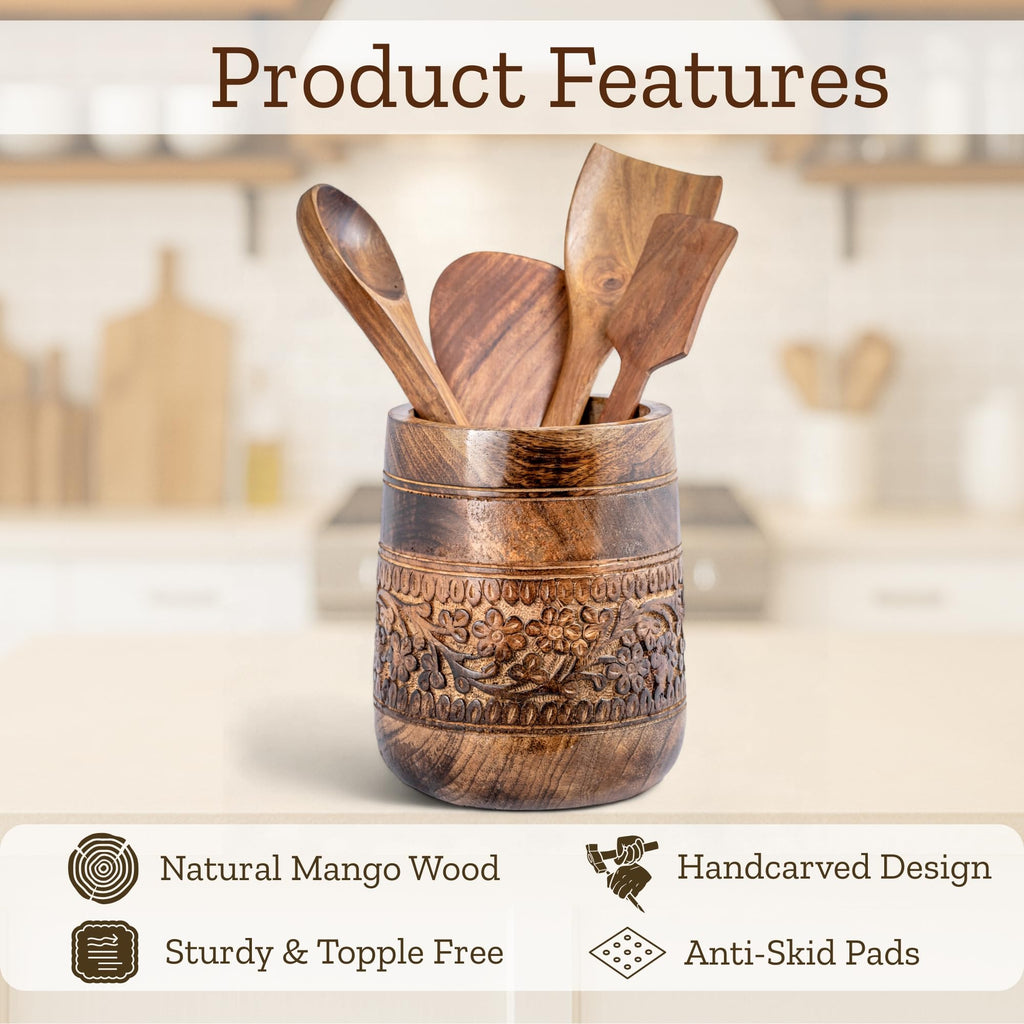 Rustic 7'' Large Utensil Holder, Wooden Kitchen Crock Brown