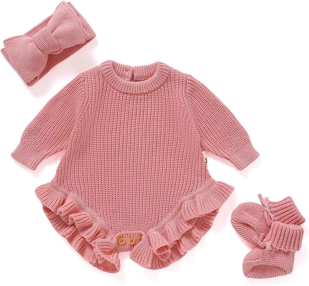 Cotton Newborn Set with Knit Sweater, Hair Band, Booties, Baby Girls
