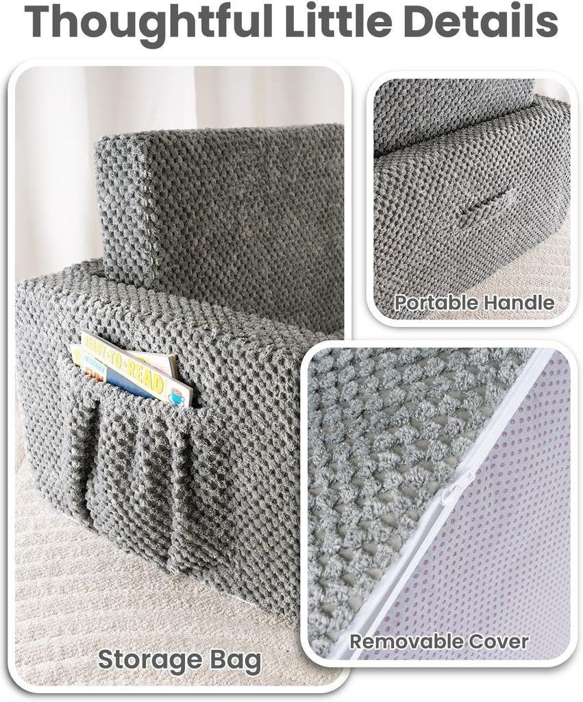 Sherpa Kids Couch, in-1 Fold-Out Comfy Chair for 3+ Years Old, Grey