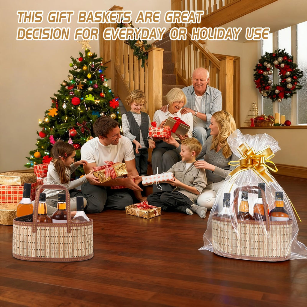 4 Set Baskets for Gifts Empty, Large Gift Empty Bamboo Basket Foldable Woven Gift Basket with Handle Empty Gift