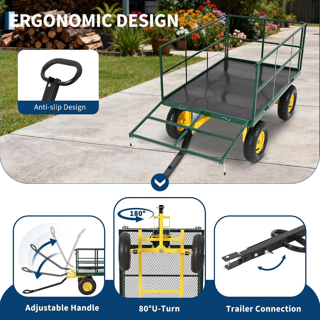 Heavy Duty 1500 Lbs Steel Garden Cart - 3-in-1 Utility Wagon & Trailer with Removable Mesh Sides, 13" All-Terrain