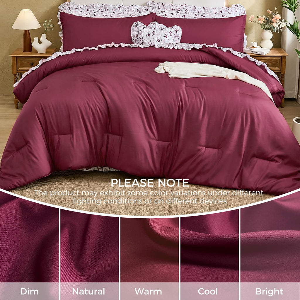 8PC Comforter Set Burgundy, Ruffle Comforter with Floral Sheets
