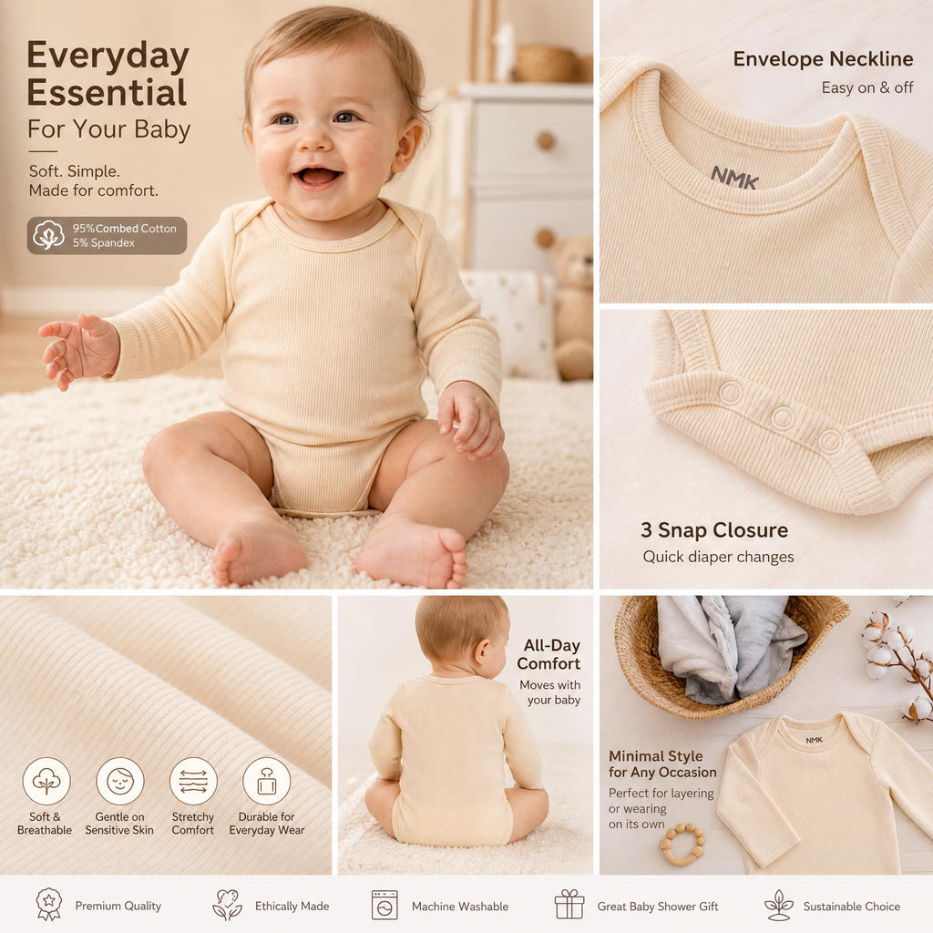 Baby Bodysuits Pack Long Sleeve Ribbed Cotton Boy Daily Layer