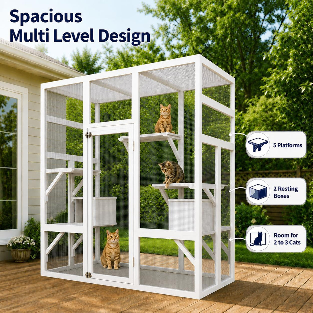 70" Large Outdoor Catio Cat Enclosure, Wood Cat Patio with Waterproof UV-Resistant Roof, Cats Shelter with 5