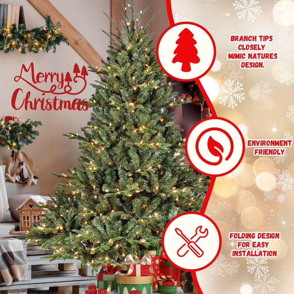 Prelit Christmas Tree, Premium Douglas Fir Christmas Tree with 900 Lights & 2673 Branch Tips, Pre Lit Hinged Xmas