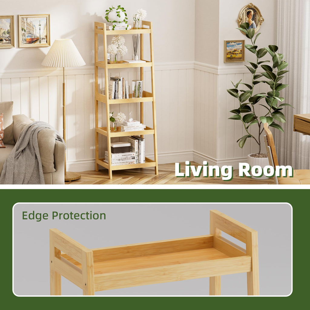 Bookshelf, 5 Tier Ladder Bookcase with Bamboo Frame, Freestanding Tall Narrow Display Plant Shelf, Balcony, Natural