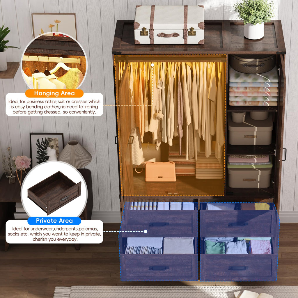 Farmhouse 3-Door Armoire Closet w/Mirror & LED, Rustic Brown