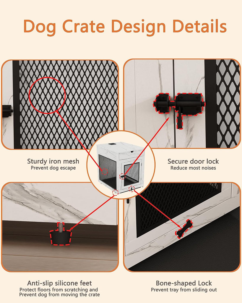 Dog Crate Furniture, Wooden Dog Crate End Table with Storage Drawer&Cushion&Tray, QC3.0 Wireless Charging, Dual