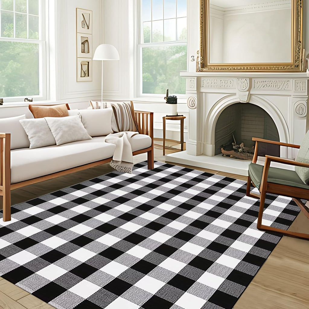 Buffalo Plaid Outdoor Rug Washable Rugs,Black and White Checkered Rug,Cotton Hand-Woven Indoor or Outdoor