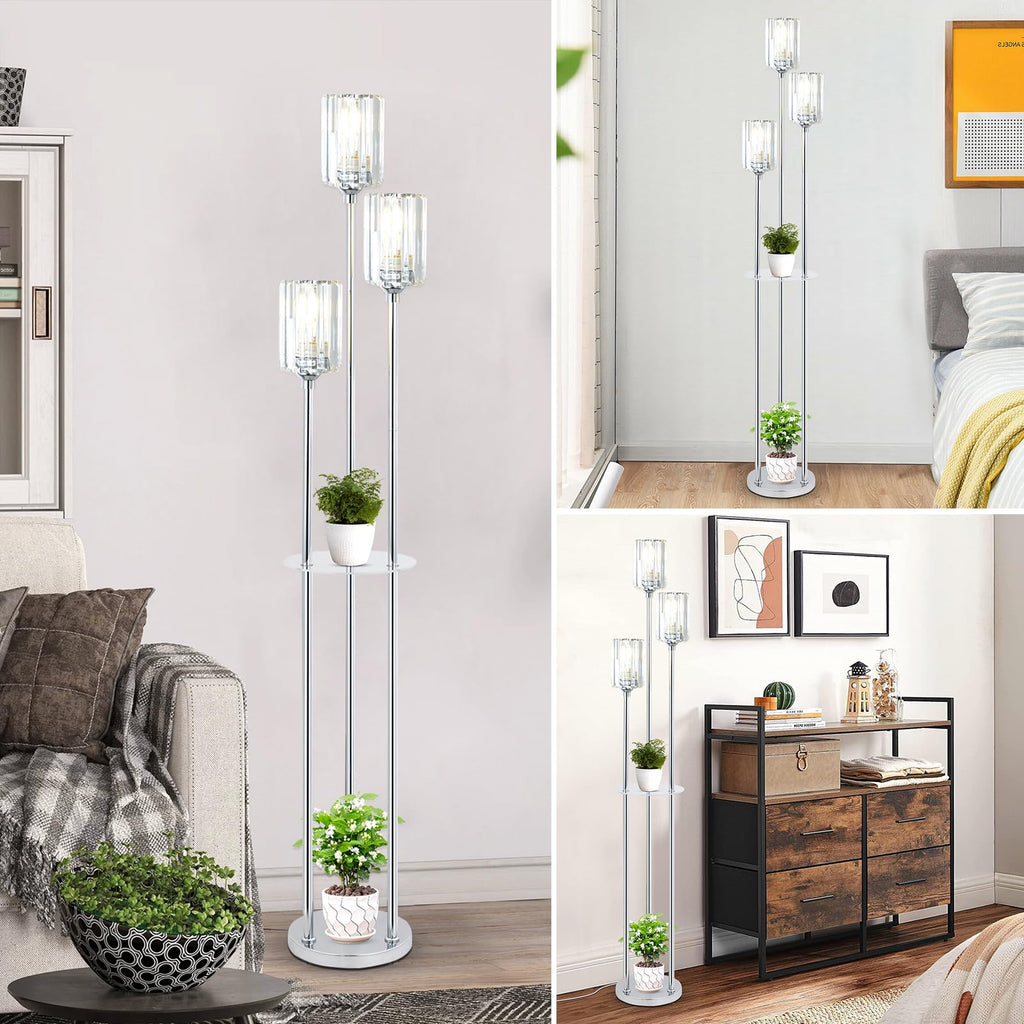 Crystal Floor Lamps, Modern Floor Lamp with Shelves, 3-Lights Standing Lamp with Crystal Shade, On/Off Foot Switch