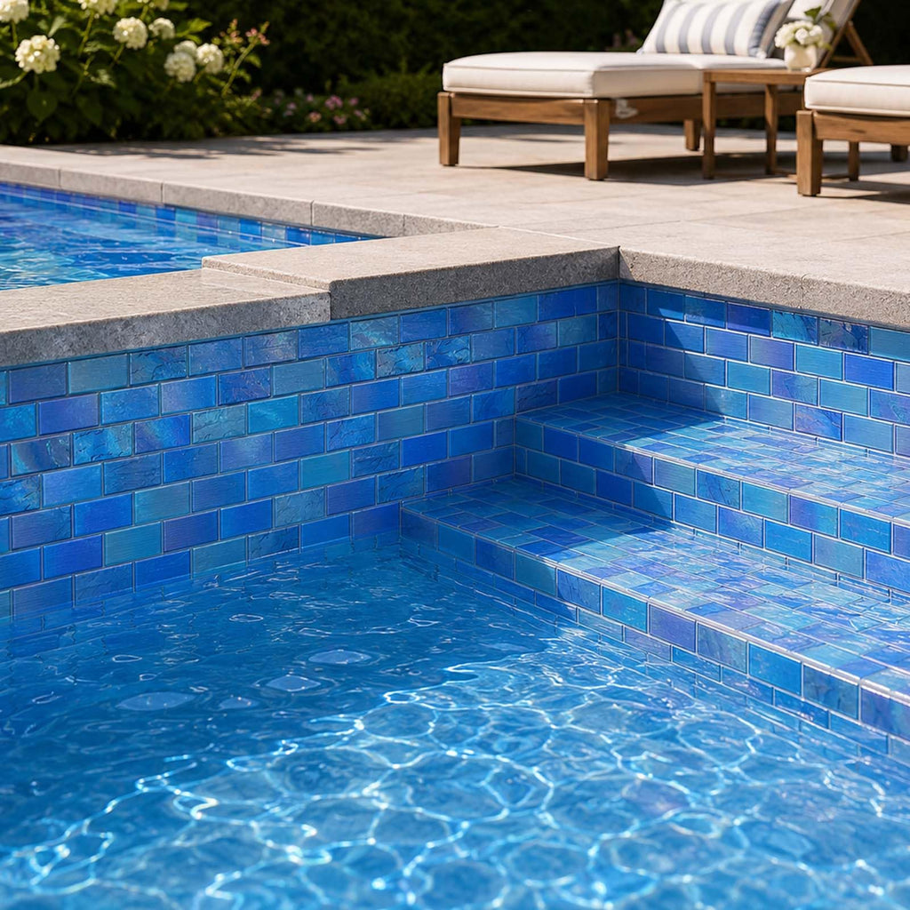 Pool Tile, Glass Backsplash Tiles Iridescent Blue 2x3 Inch Brick, 5 Sheets