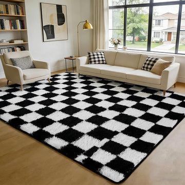 Checkered Shag Area Rug 8'x10', Black and White Plush Rug, Non-Slip Soft Carpet Nursery, Modern Floor Decor with