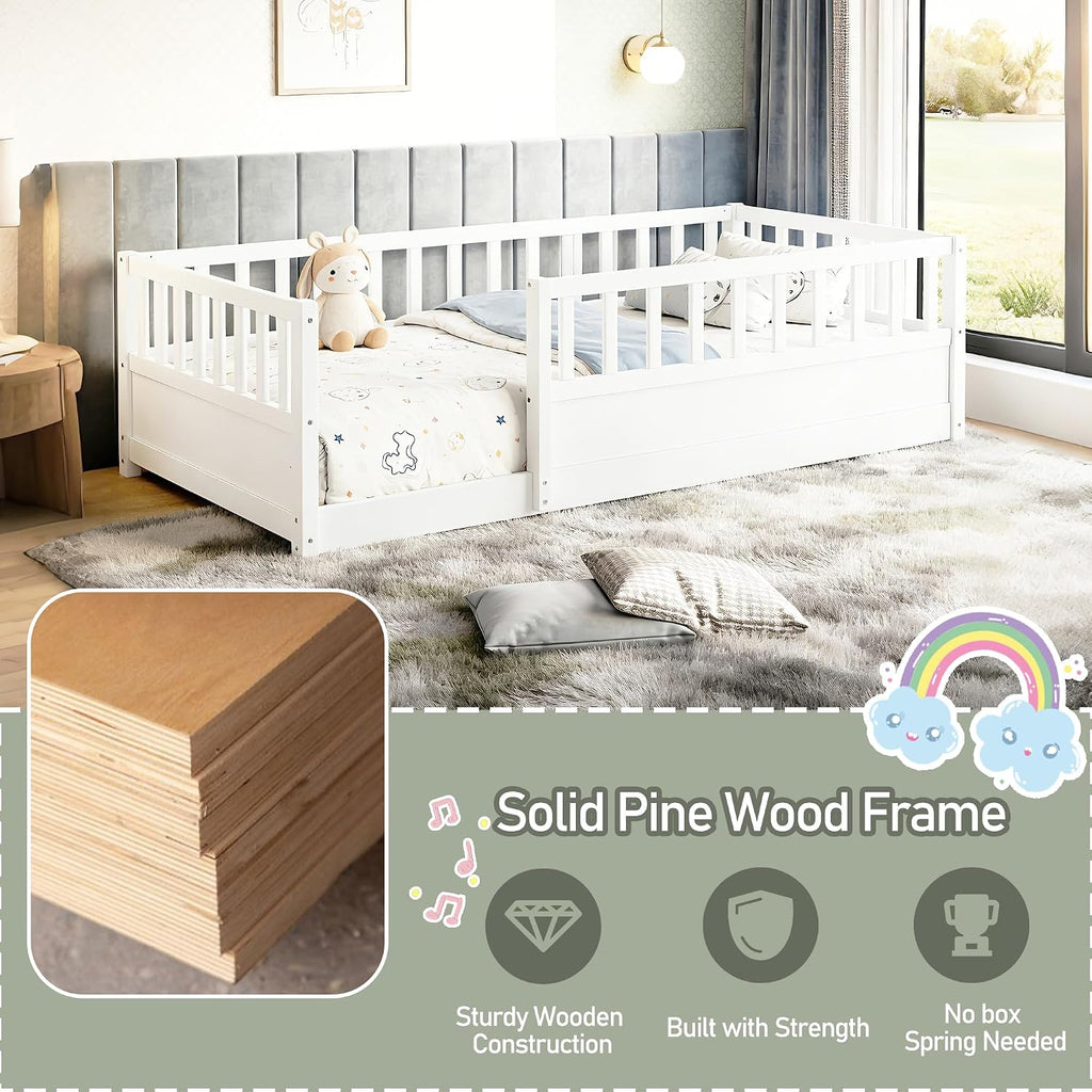 Floor Bed Frame with 21.4" High Fence, Solid Wood Montessori Floor Bed for Kids, Low to Ground