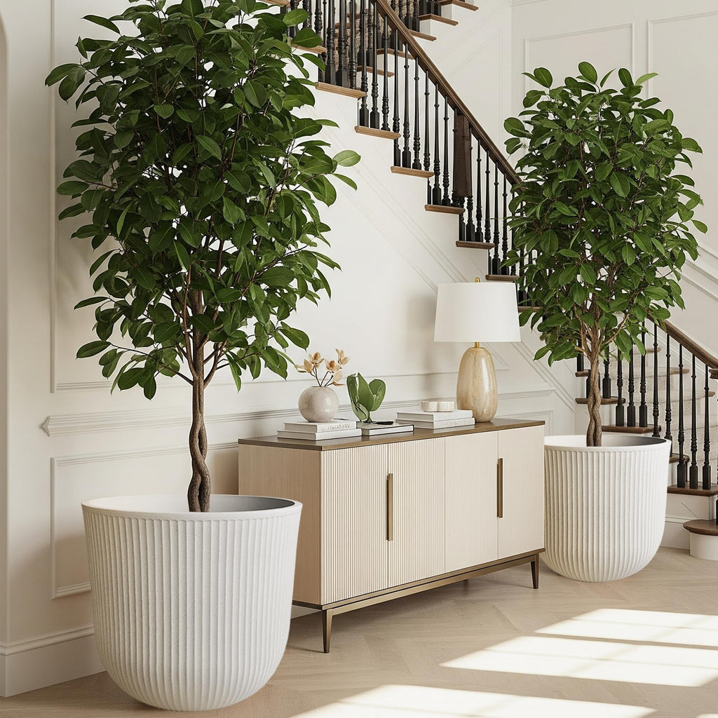 Large Outdoor Planters, Beige Plastic Round Big Plant Pots Set of 2