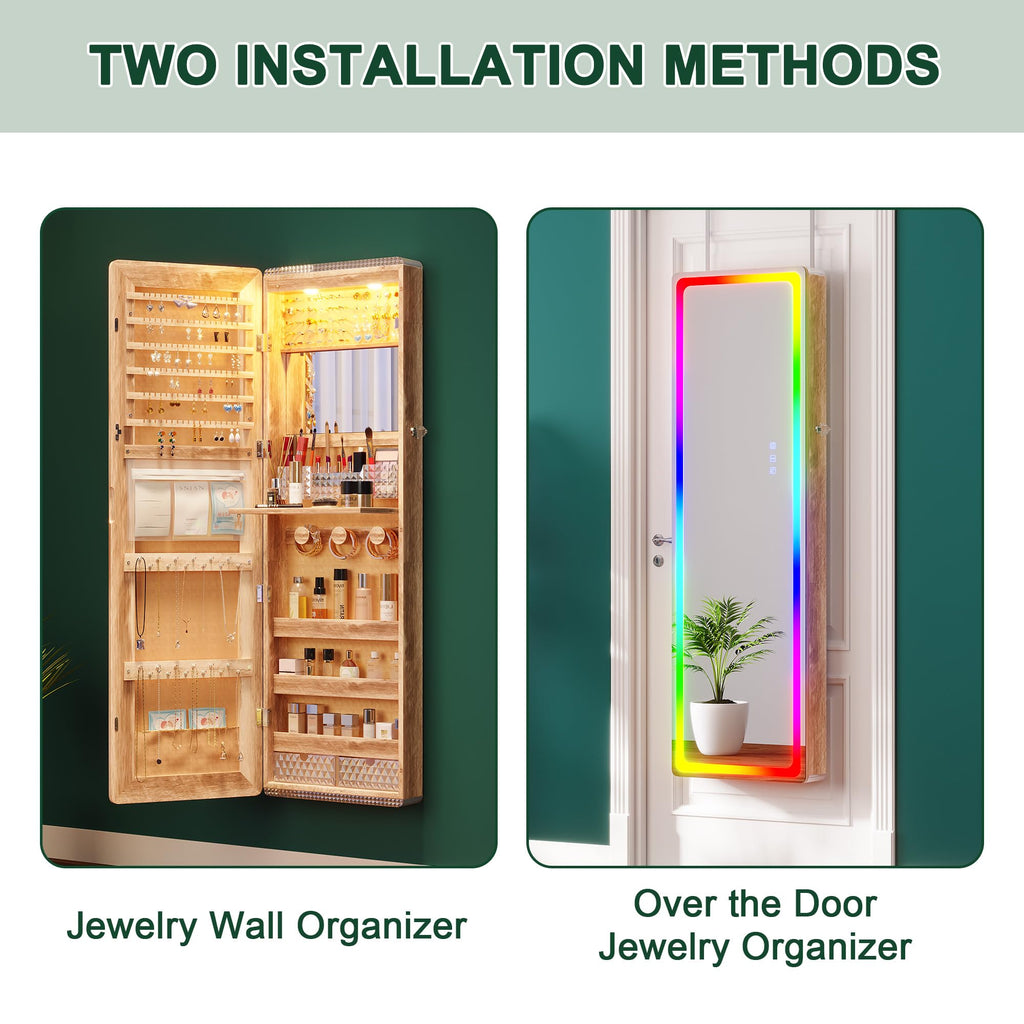 Over the Door Jewelry Organizer with LED RGB Lights, 47.2" Full Length Mirror with Storage, Wall Mounted Jewelry
