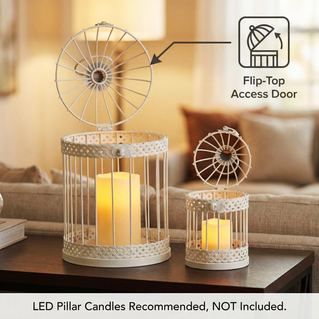 Decorative Indoor Birdcage Candle Holder Set of 2, White