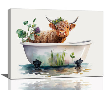 Highland Cow Bathroom Wall Art Longhorn Cow Bathtub Wall Decor Farmhouse Botanical Animals Bathroom Pictures Canvas