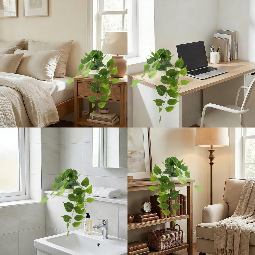 Fake Plants with White Pot, Realistic Artificial Pothos Hanging Plant, Faux Indoor Plant Bathroom Shelf Cabinet Decor