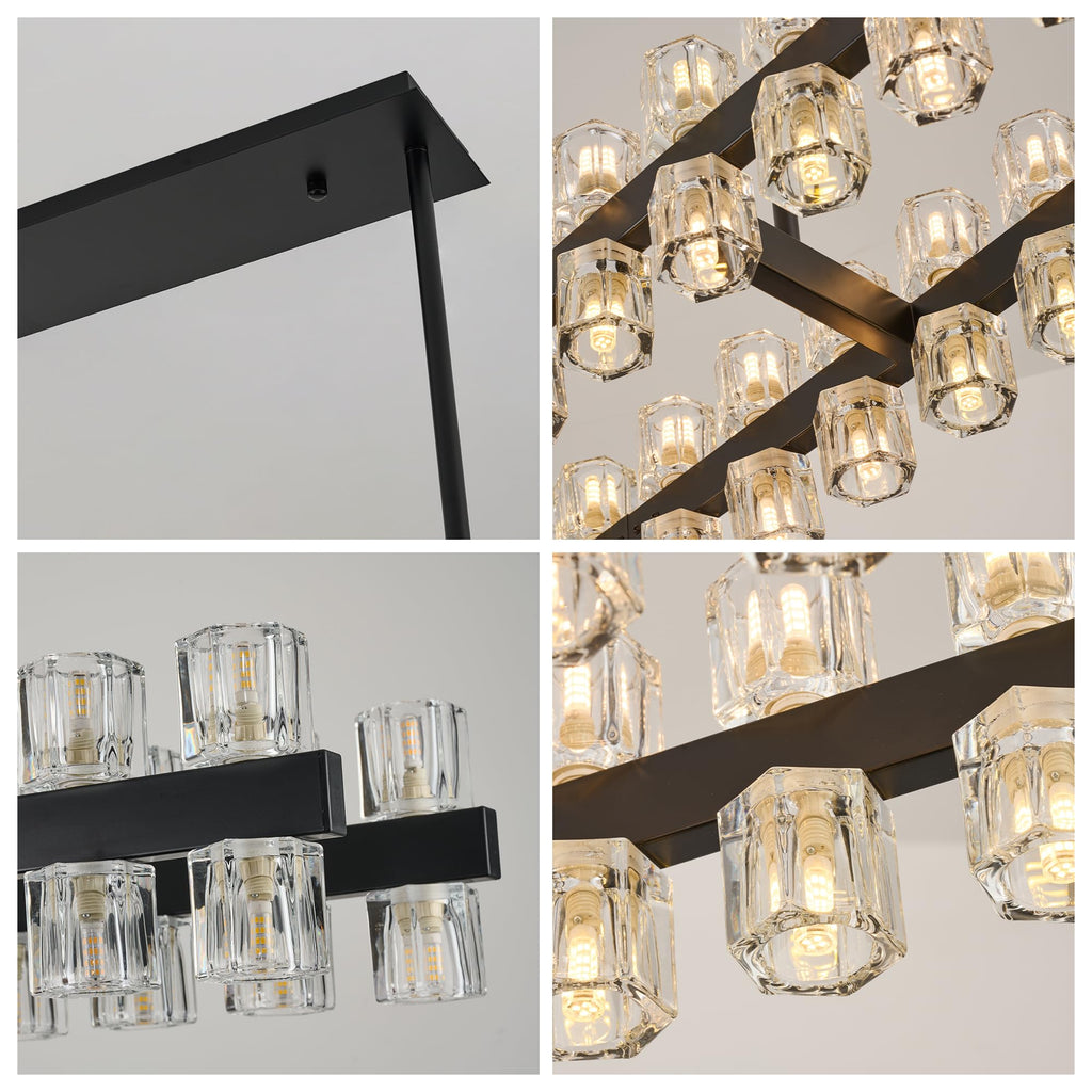 54 Inch Black Crystal Linear Chandelier, Modern Large Rectangle 60-Lights Pendant Lighting Fixture Adjustable Height