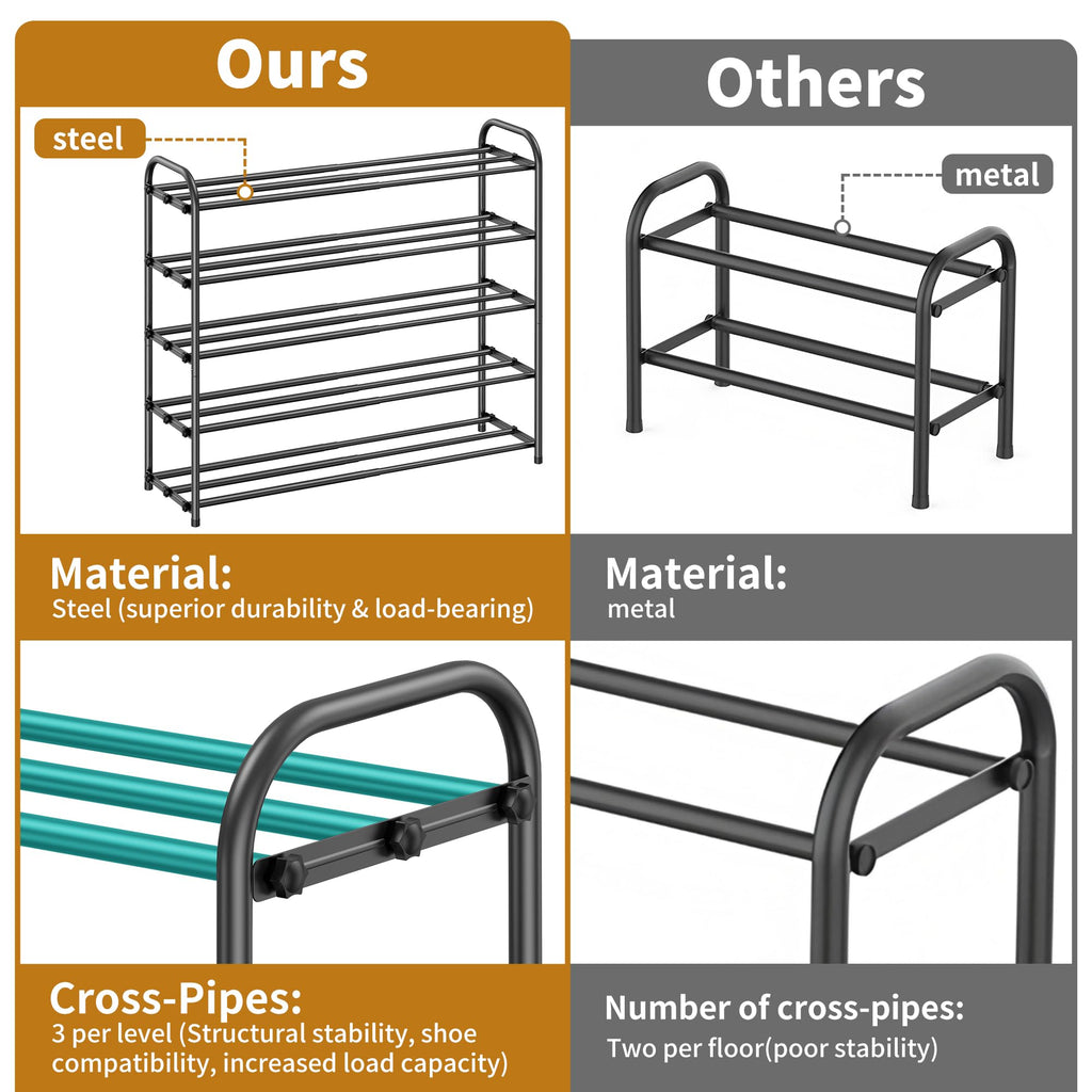 5-Tier Metal Expandable Shoe Rack for Closet and Entryway, Black