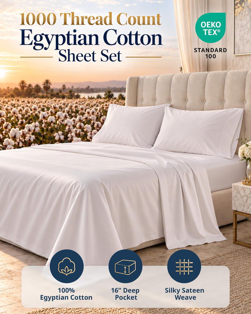 100% Egyptian Cotton Sheets Silky Sateen Weave - White