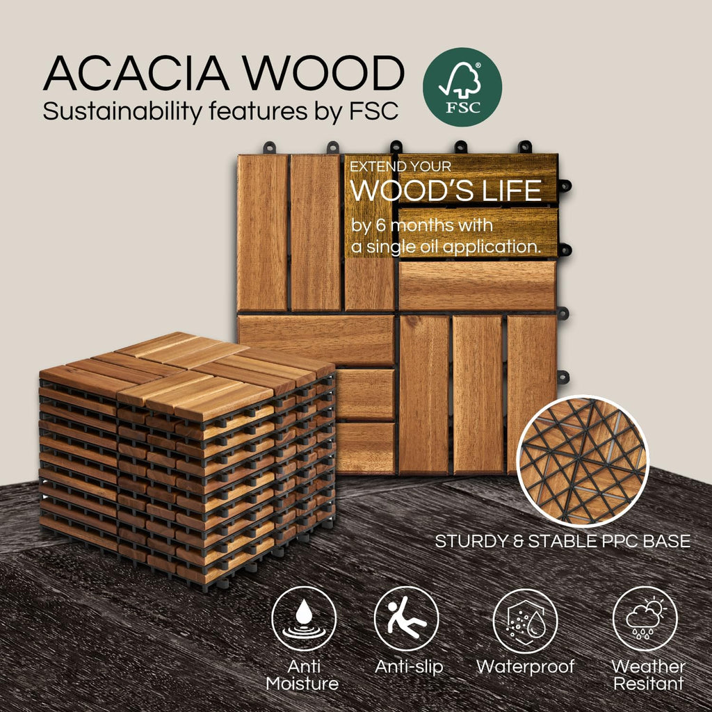 Premium Deck Tiles, Patio Flooring - Set 10 Pcs 12”x12”x0.9” Interlocking Deck Tiles, Waterproof Acacia Wood for
