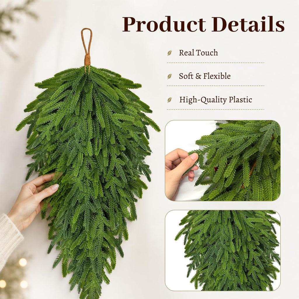2 Pcs Christmas Teardrop Swag, 28" Norfolk Pine Teardrop Door Swag