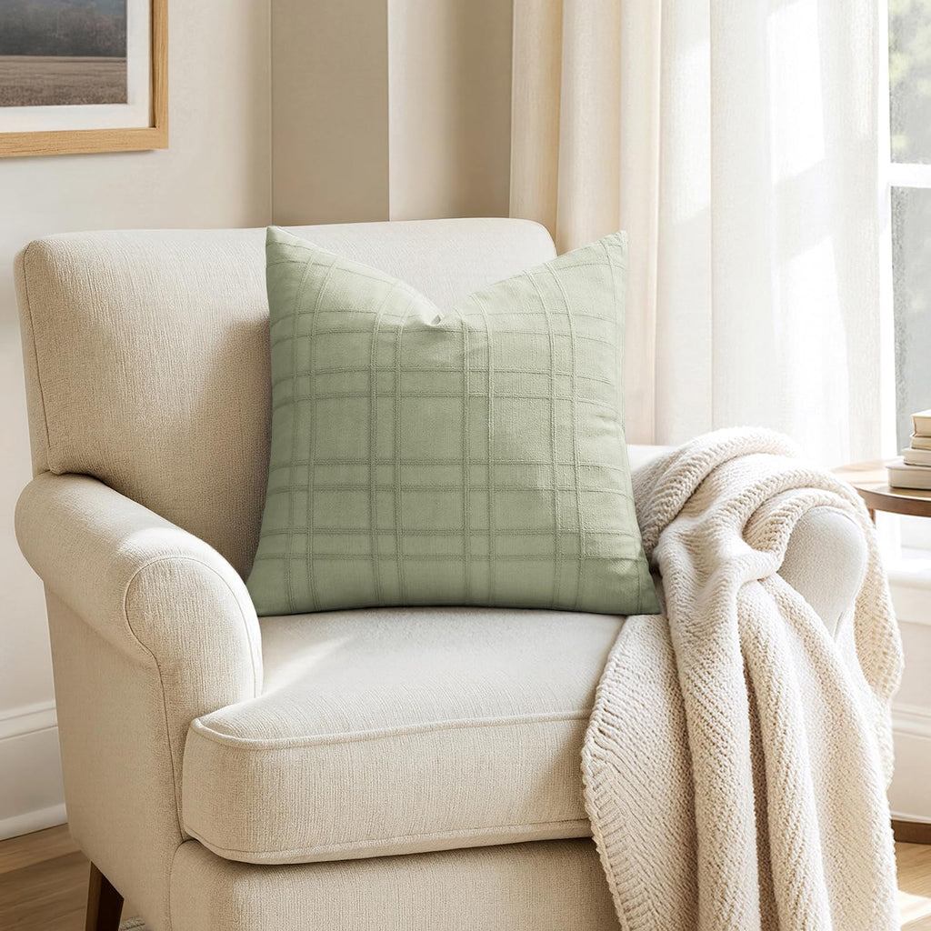 Linen Plaid Pillow Covers Decorative 20x20 Seeding Green