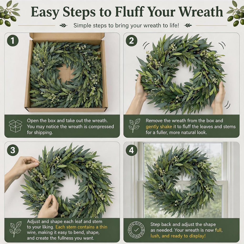 24 Inch Olive Wreath for Front Door, Artificial Greenery Wreath