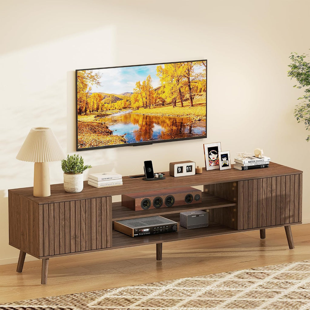 TV Stand for 75 inch TVs, Mid Century Modern Entertainment Center with Power Outlet,Fluted Media Console with Open