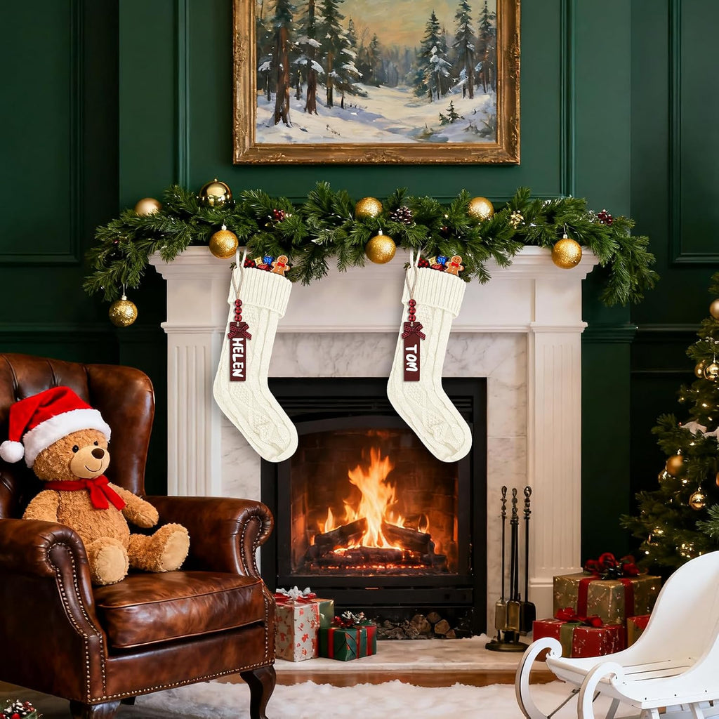 Inch Large Cable Knitted Xmas Hanging Stockings with DIY Wooden Name Tags for Family Holiday Decor (White) - Set of 2