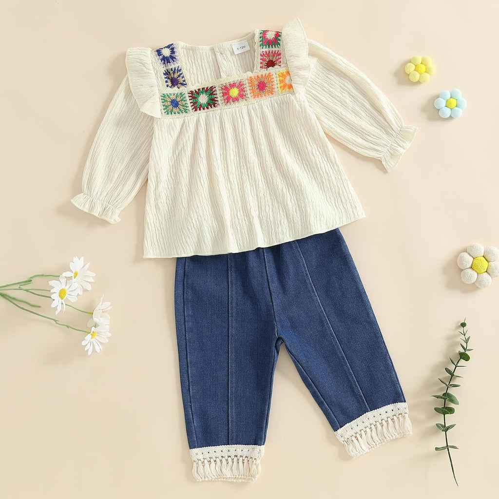 Toddler Baby Girl Crochet Blouse Tassel Denim Pants 2Pcs Boho Outfit Set