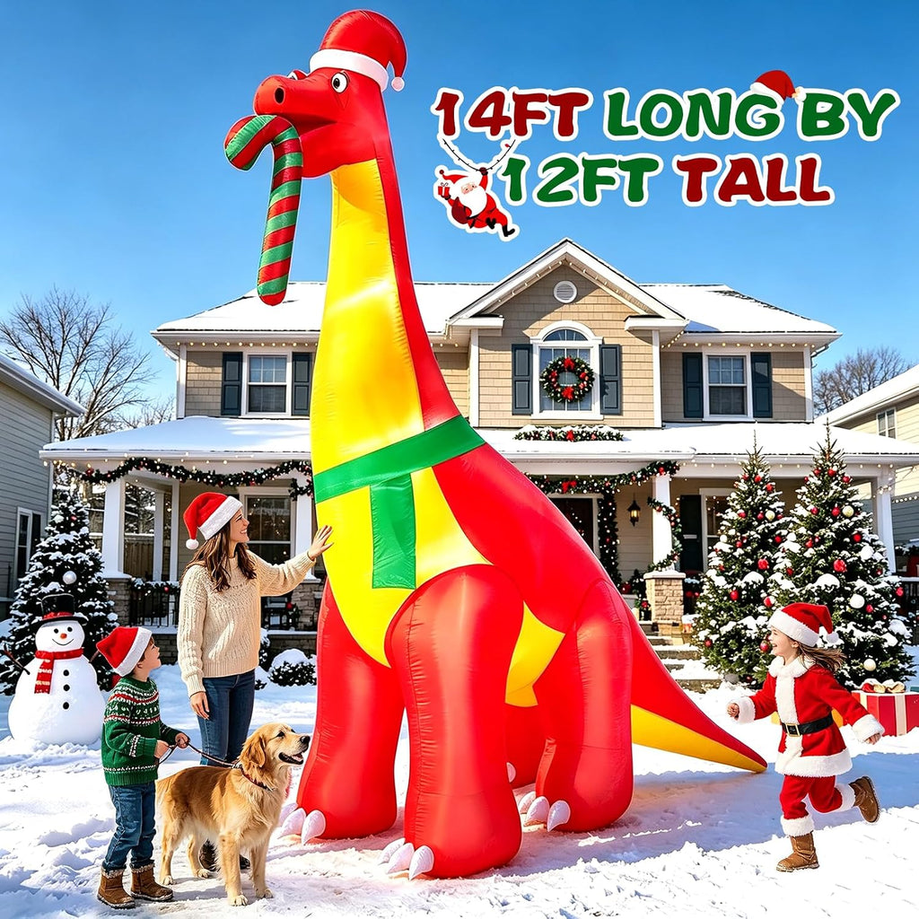 12 Ft Christmas Inflatables Dinosaur Outdoor Decorations, Giant Christmas Blow up,Built in LED Lights, Xmas