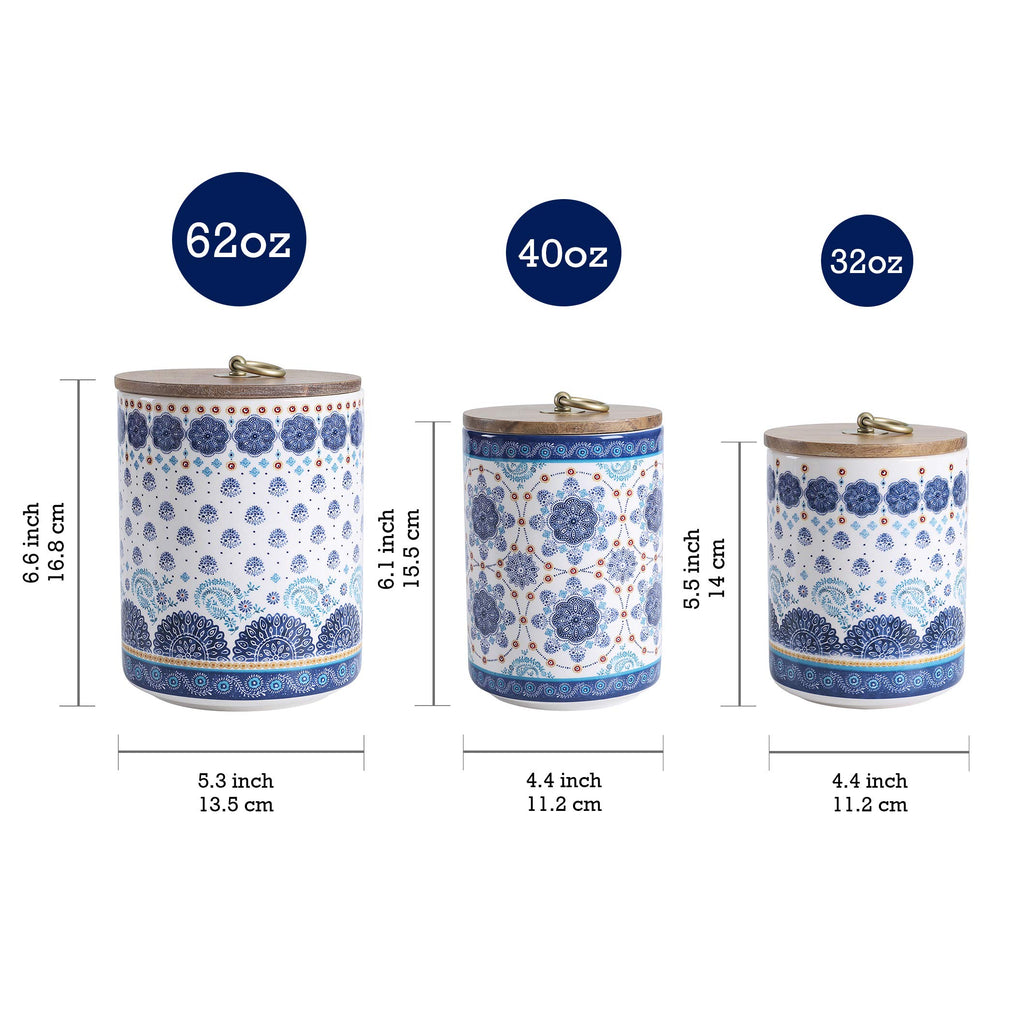 Blue Talavera Ceramic Canister Set of 3 Counter, 62oz, 40oz, 32oz each, with Wooden Air Tight Lid, Food Storage Jar