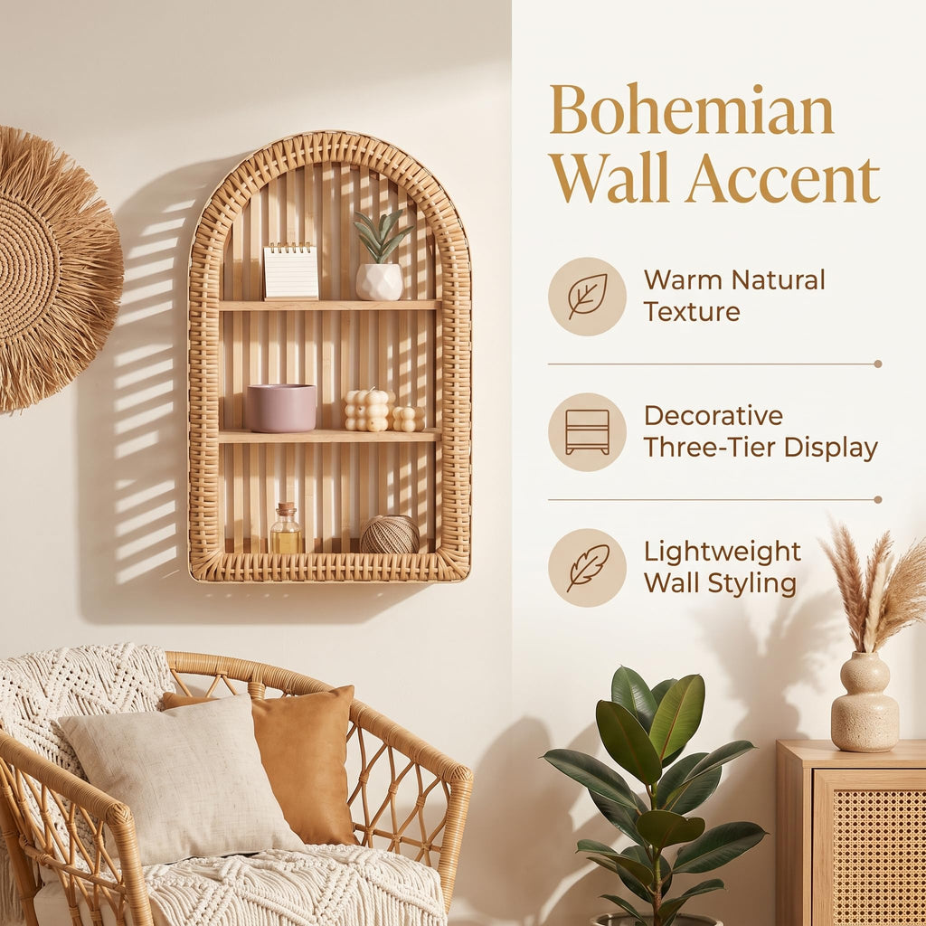 Rattan Wall Shelf - 3 Tier Boho Arched Wicker Hanging Shelves