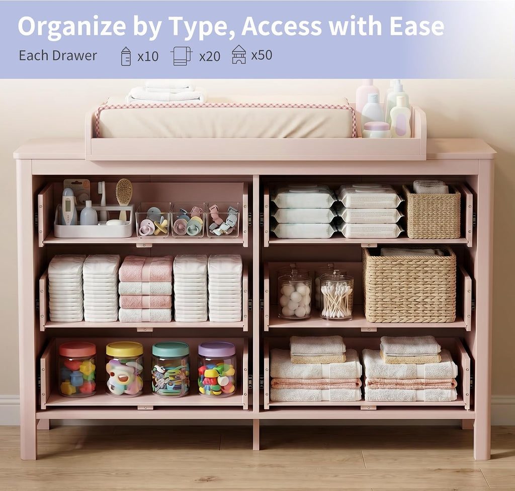 Baby Changing Table (Pink) | Wooden Dresser Kids Dresser with 6 Drawer Dresser Baby Dresser Organizer Diaper Station
