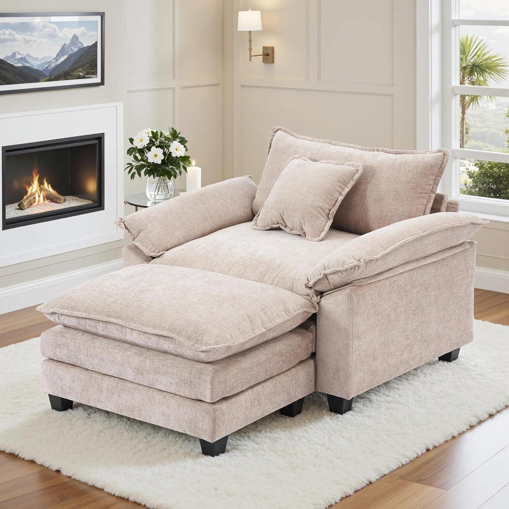 Modern Chaise Lounge Chair and Ottoman — Chenille