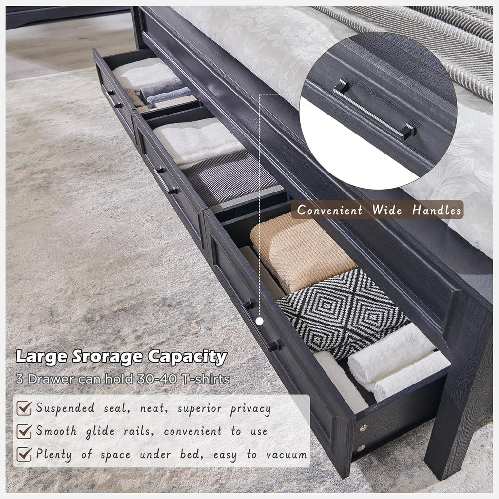 Farmhouse King Bed Frame with 52" Tall Headboard, Wood Platform Bedframe with Footboard and Storage Drawers, No