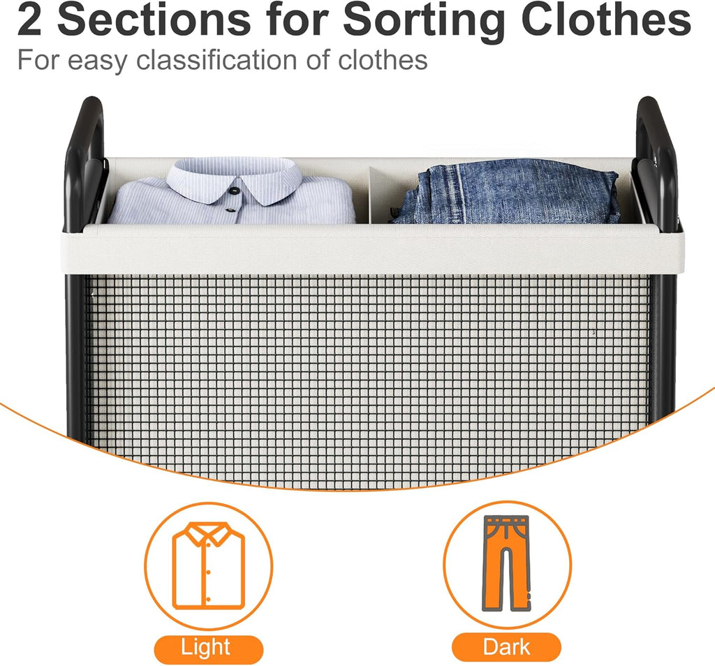 Rolling Laundry Hamper 2 Section, 100L Laundry Basket with Wheels | Double Laundry Sorter with Metal Handle and