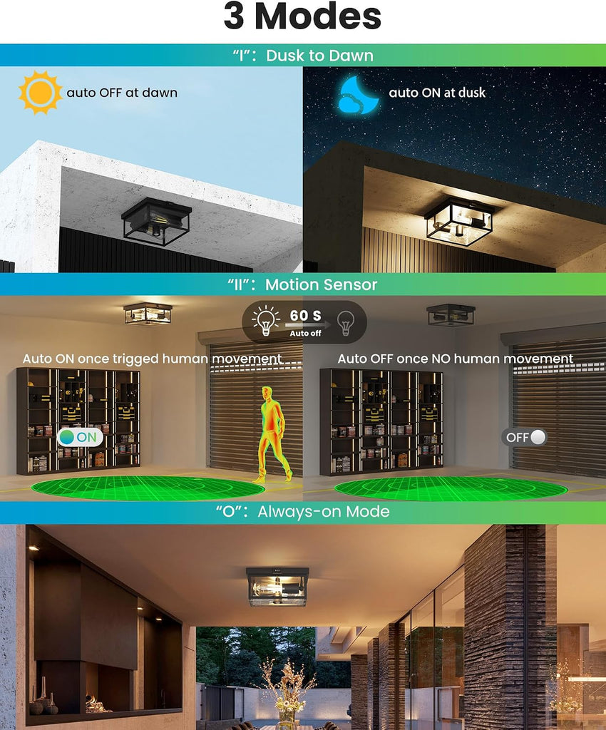 Outdoor Ceiling Light with Motion Sensor, Flush Mount Porch Light, Exterior Light Fixture with Clear Glass