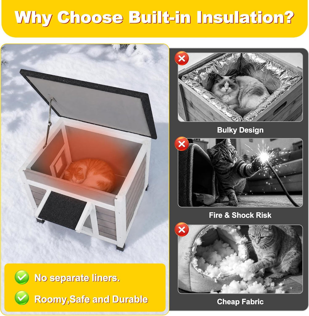 Insulated Outdoor Cat House, Weatherproof Feral Cat Shelter, Gray