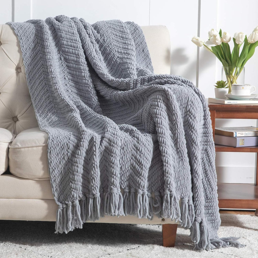 Throw Blankets, Warm Decorative Boho Throw with Tassels, Grey, 50x60 Inches