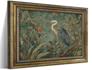 Vintage Blue Heron Gold Framed Wall Art, Wildlife Bird Canvas Print, Botanical Nature Painting Decor, Elegant Animal