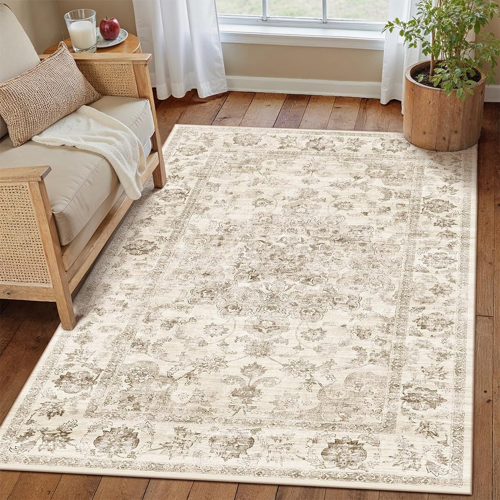 3x5 Washable Neutral Area Rug Beige Vintage Entryway Office Carpet Non-Slip Soft Low Pile Farmhouse 