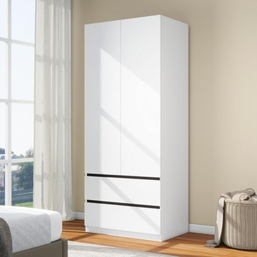 White Wardrobe Closet with Doors: 75" Large Capacity Bedroom Armoire, Wooden Cabinet with 2 Drawers, Hanging Storage