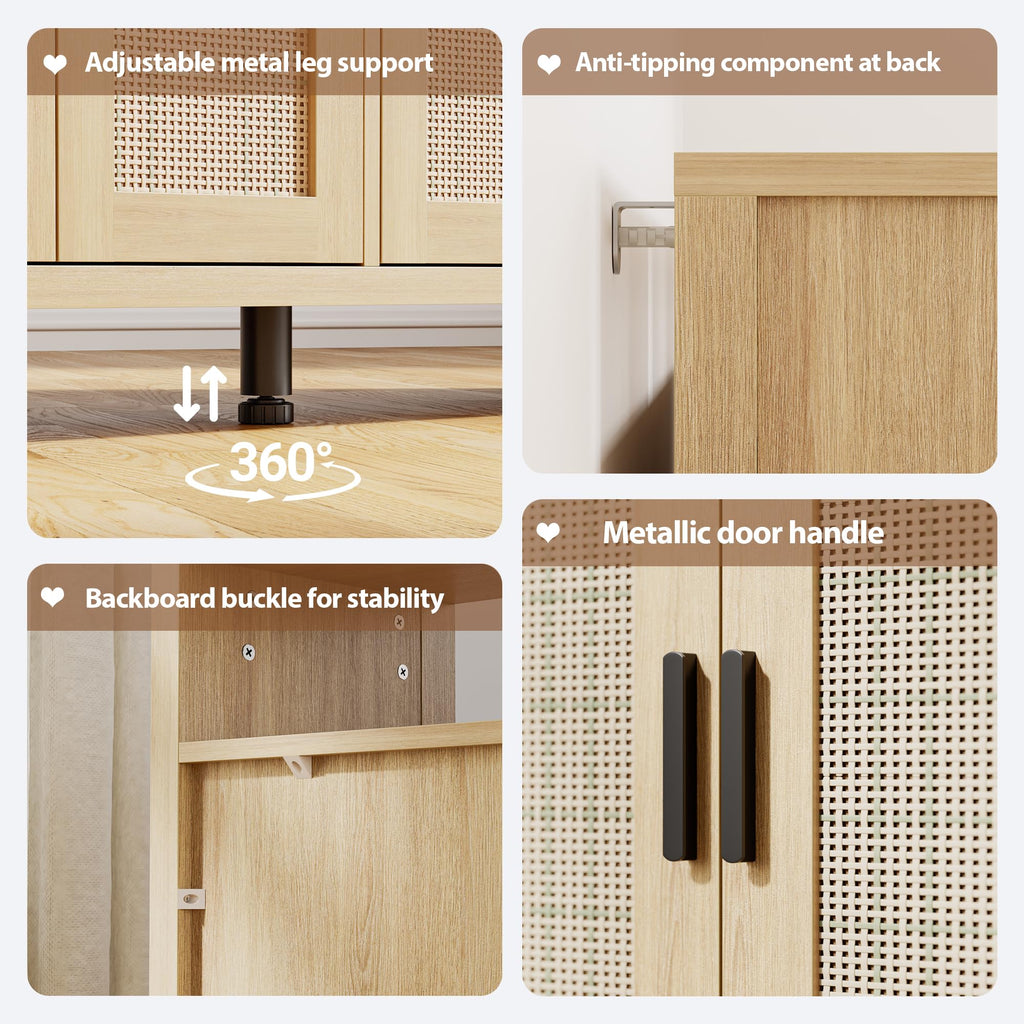 Rattan Buffet Cabinet with Storage, Sideboard with Doors, Console Table, Farmhouse Coffee Bar, Modern Wood Storage
