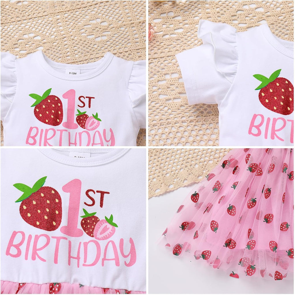 Baby Girl First Birthday Cake Smash Outfit Short Sleeve Tulle Tutu Princess Dress with Bowknot Headband Set
