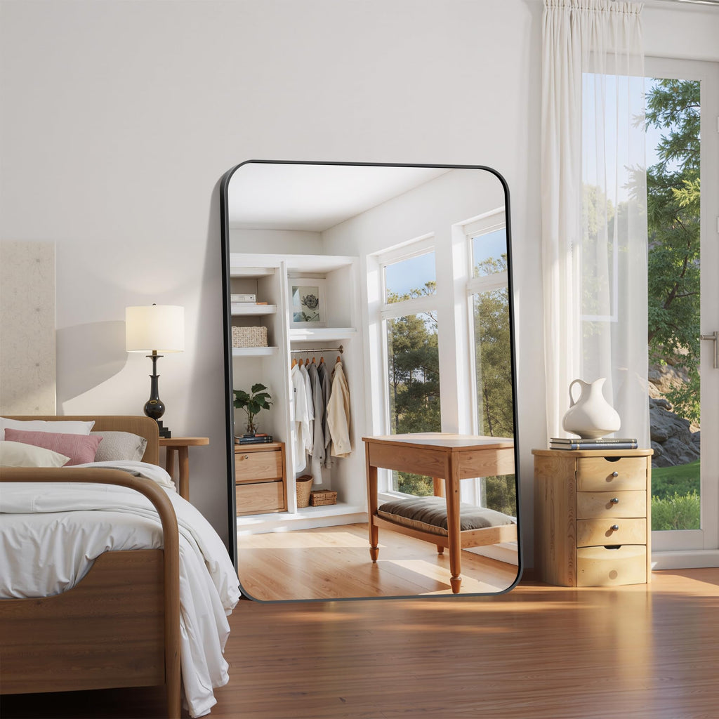 Large Bathroom Mirror 60" x 40", Black Rectangle Metal Framed Rounded Corner Wide Wall Mounted Mirror Bedroom