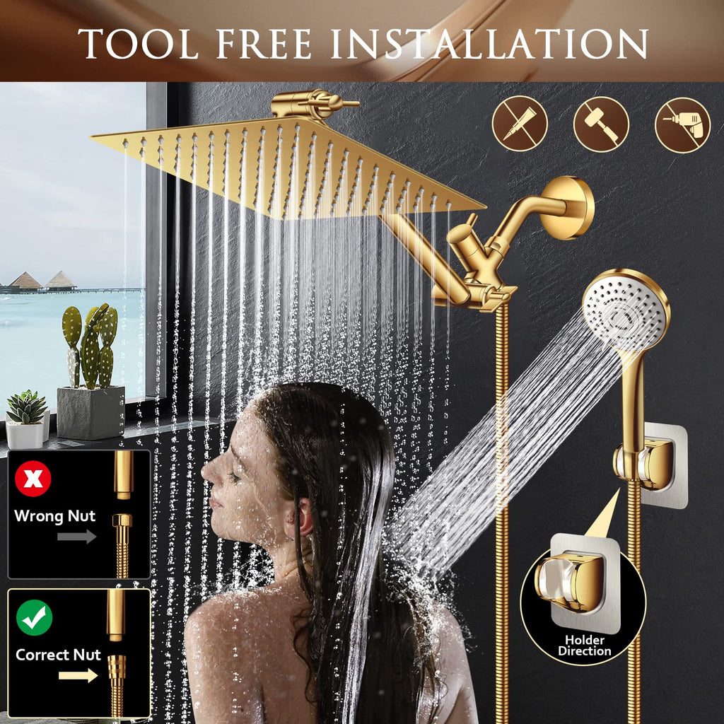 10" Gold Shower Head with Handheld, 5 Spray Handheld with 11" Extension Arm
