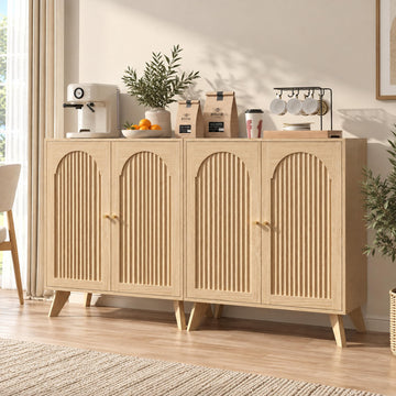Modern Arched Storage Cabinet 63"W Wood Sideboard Buffet Cabinet Oak